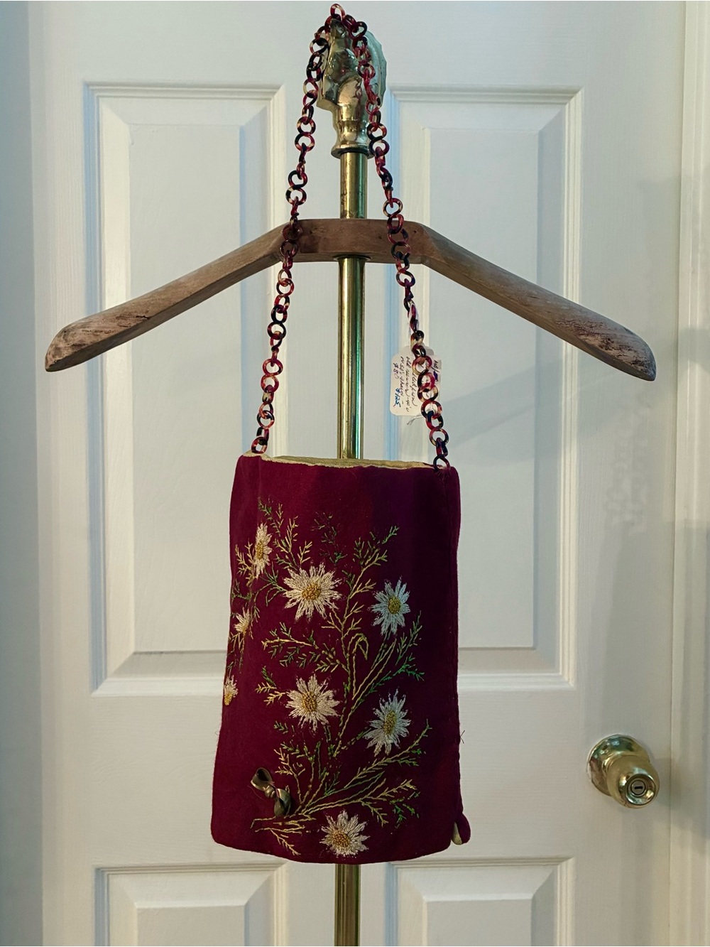 Antique Vintage 50s Wool Burgundy Embroidered Purse
